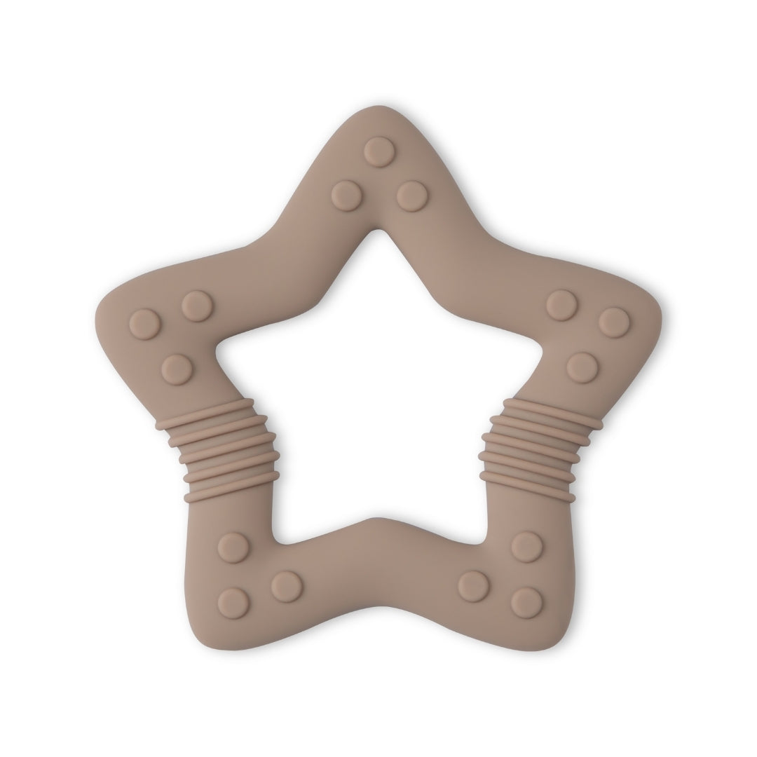 Star-shaped silicone baby teether with textured bumps and ridges for soothing gums