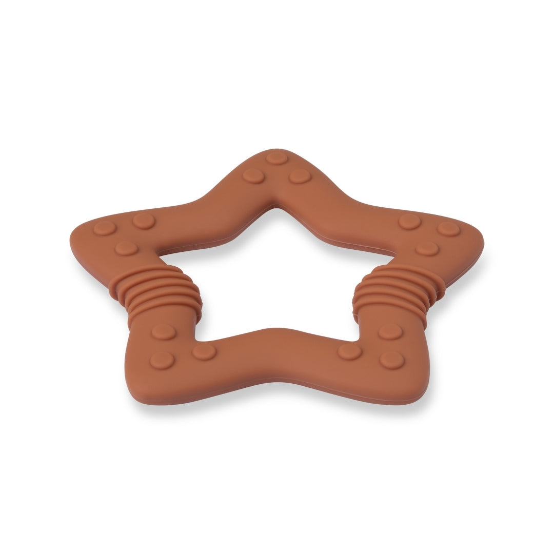 Brown star-shaped silicone baby teether with textured surface for soothing baby gums