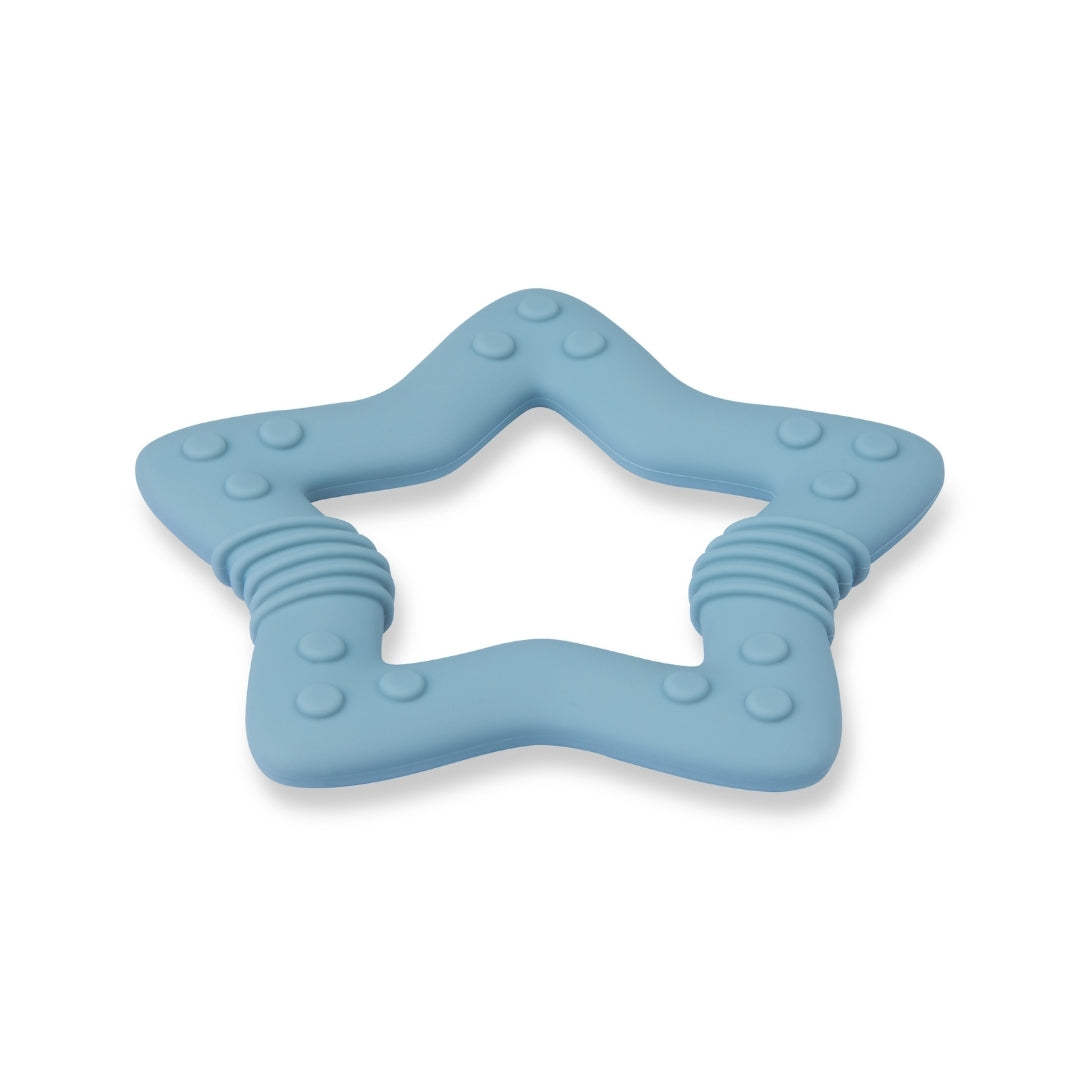 Blue star-shaped silicone baby teether for soothing and entertaining your baby