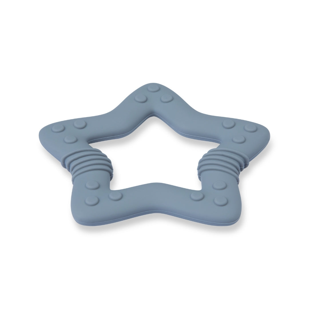 Blue star-shaped silicone baby teether for soothing silicone baby teething discomfort