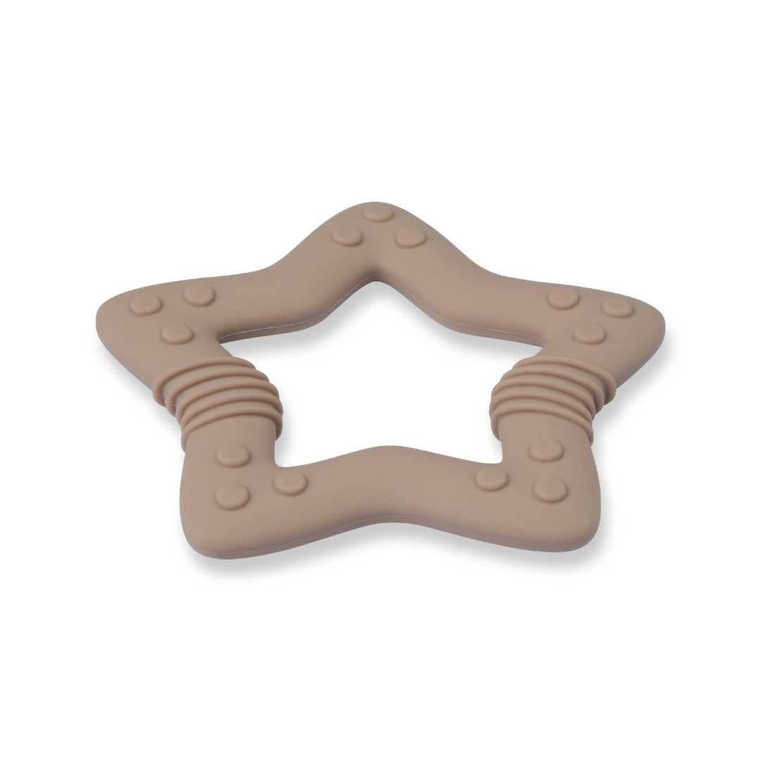 Star-shaped silicone baby teether with textured details perfect for soothing babies
