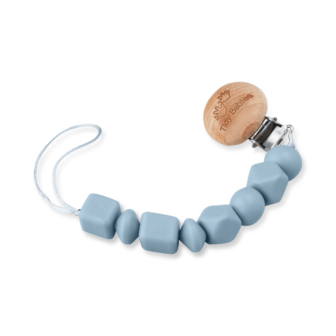 Silicone Beads Baby Dummy Chain With Wooden Grip Clip Food Grade Safe - Slate - Pacifier Clips & Holders