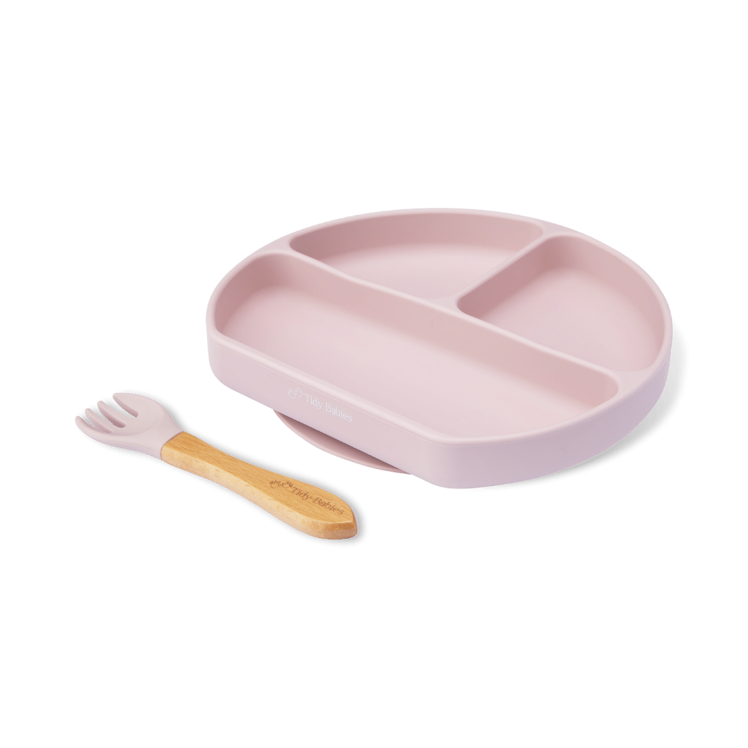 Silicone Suction Base Divided Plate & Fork Set - Mealtime Grip Dish - Musk - Silicone Plates