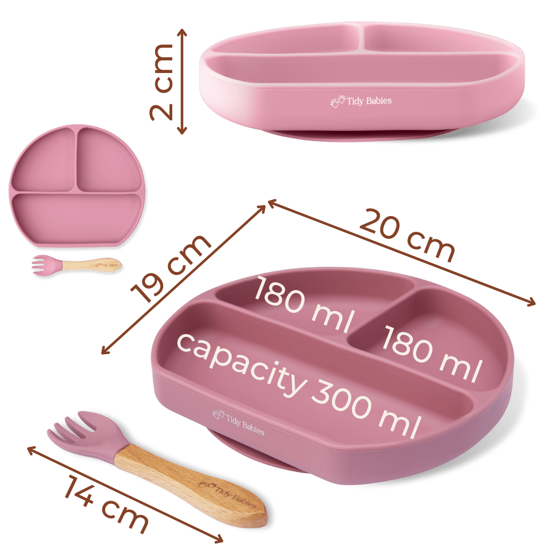 Silicone Suction Base Divided Plate & Fork Set - Mealtime Grip Dish - Silicone Plates