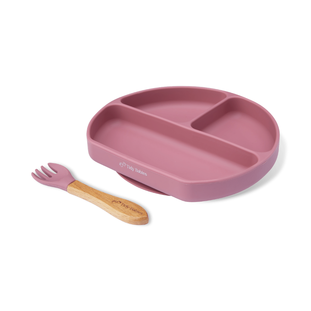 Silicone Suction Base Divided Plate & Fork Set - Mealtime Grip Dish - Rose - Silicone Plates