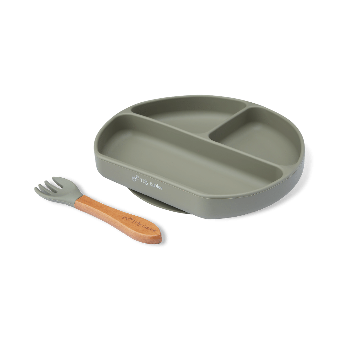 Silicone Suction Base Divided Plate & Fork Set - Mealtime Grip Dish - Sage - Silicone Plates
