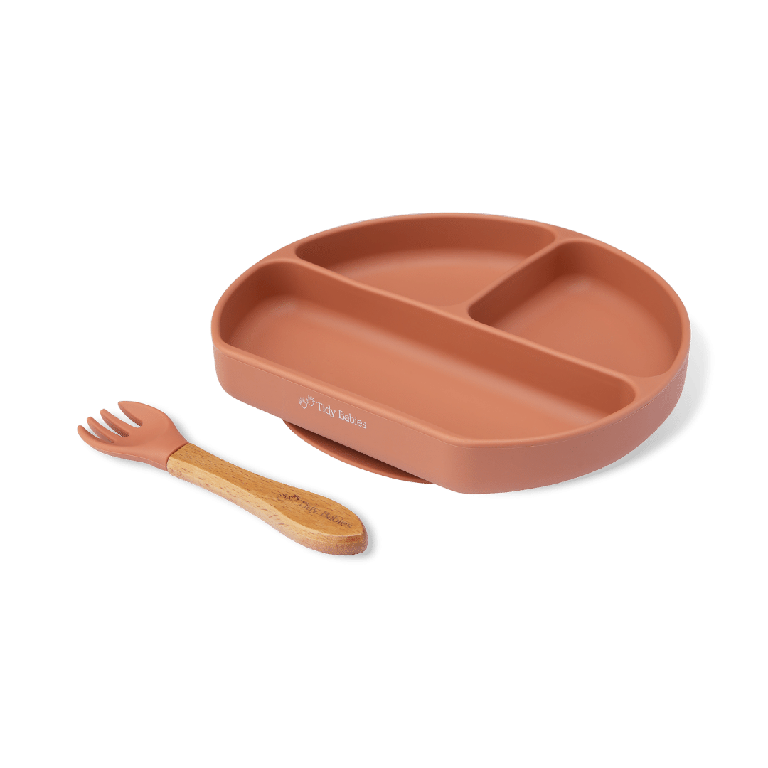 Silicone Suction Base Divided Plate & Fork Set - Mealtime Grip Dish - Sienna - Silicone Plates