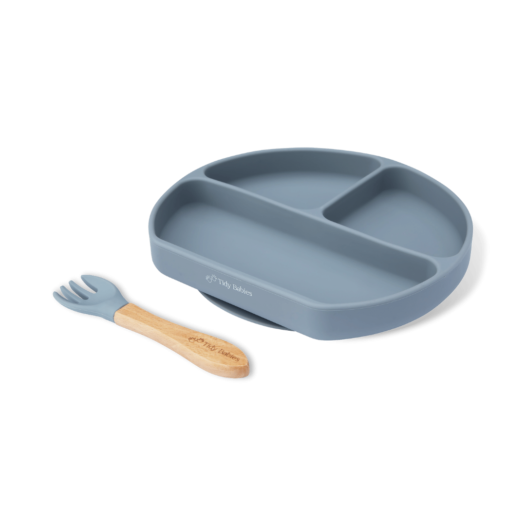 Silicone Suction Base Divided Plate & Fork Set - Mealtime Grip Dish - Slate - Silicone Plates