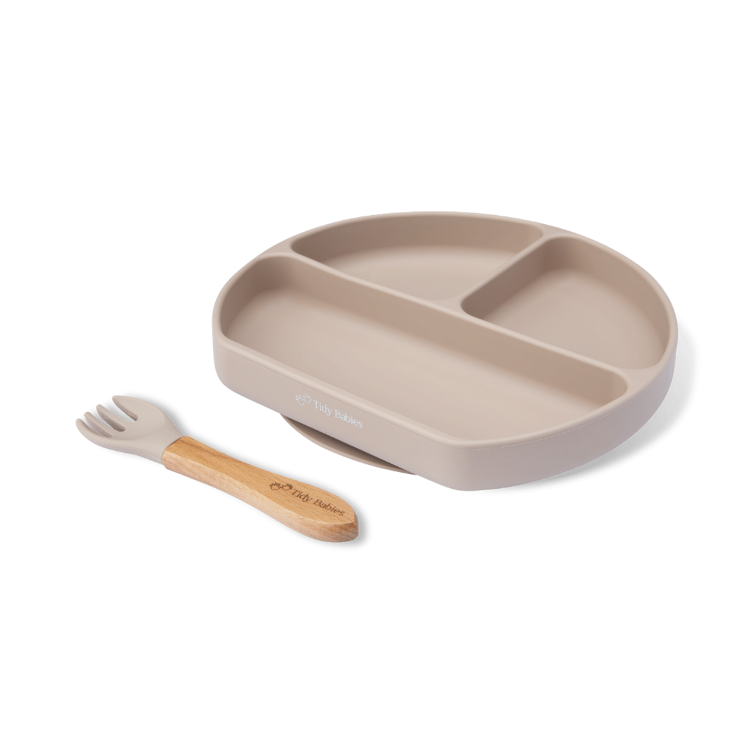 Silicone Suction Base Divided Plate & Fork Set - Mealtime Grip Dish - Taupe - Silicone Plates