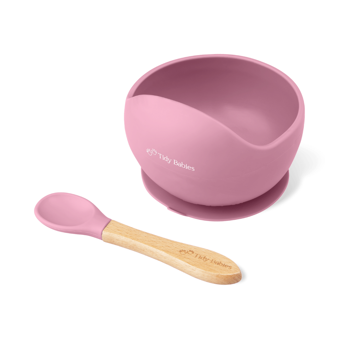 Silicone Suction Base Lip Bowl & Spoon Set Baby Mealtime Feeding Pack - Rose - Silicone Bowls