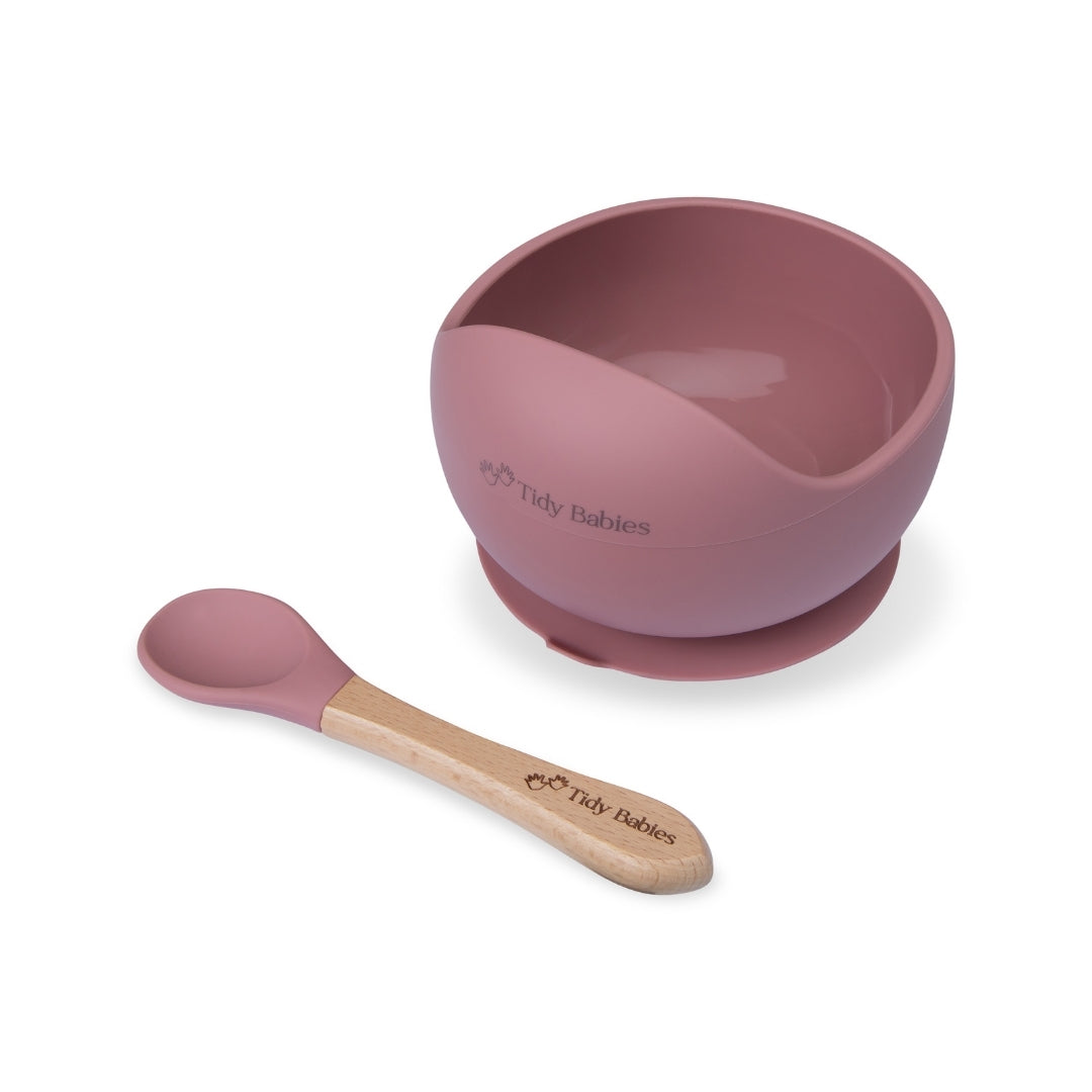Silicone Suction Base Lip Bowl & Spoon Set - Rose Pink - Silicone Bowls Silicone Suction Mealtime Lip Bowl & Spoon – Bpa-free Baby Feeding