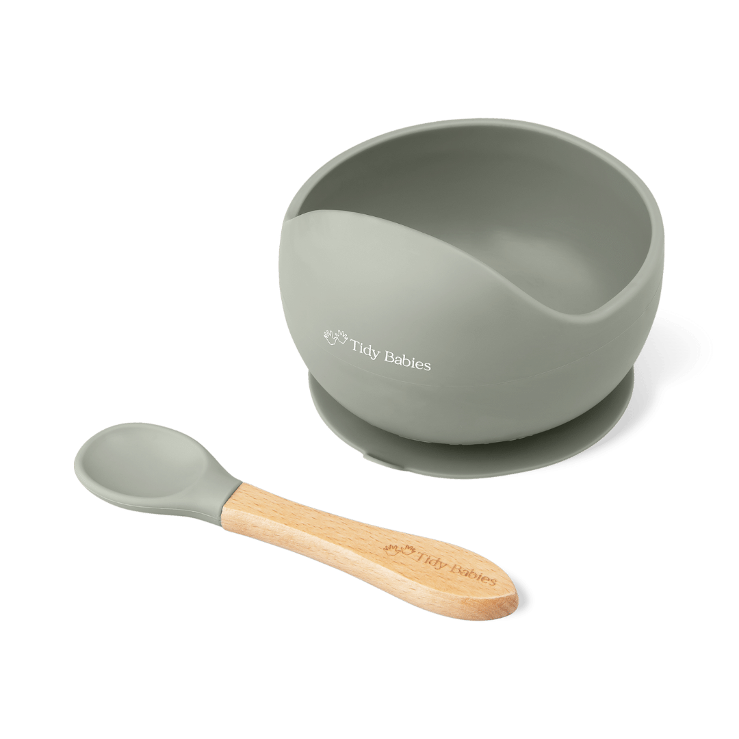 Silicone Suction Base Lip Bowl & Spoon Set Baby Mealtime Feeding Pack - Sage - Silicone Bowls