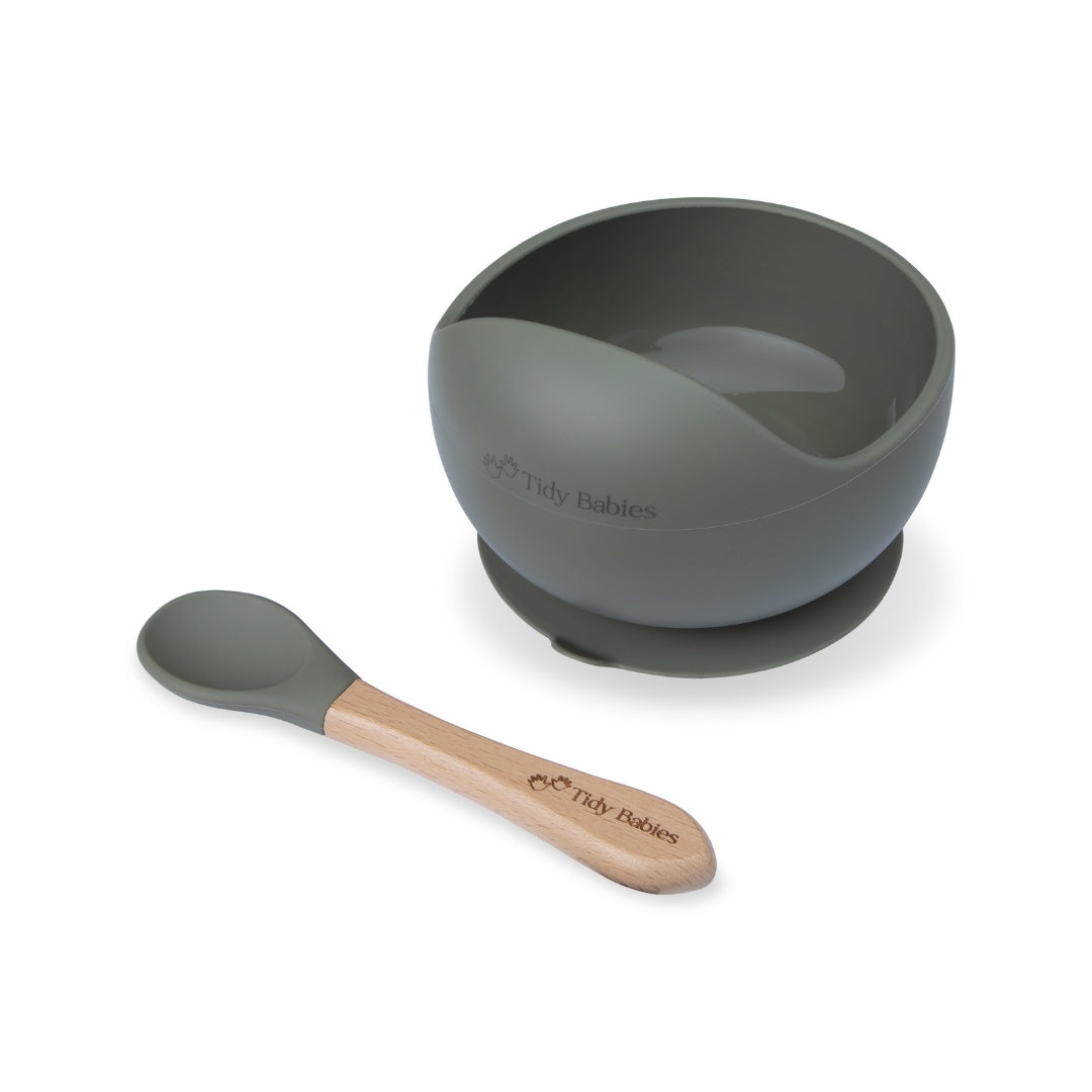 Silicone Suction Base Lip Bowl & Spoon Set - Sage Green - Silicone Bowls Silicone Suction Mealtime Lip Bowl & Spoon – Bpa-free Baby Feeding