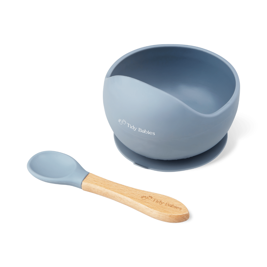 Silicone Suction Base Lip Bowl & Spoon Set Baby Mealtime Feeding Pack - Slate - Silicone Bowls