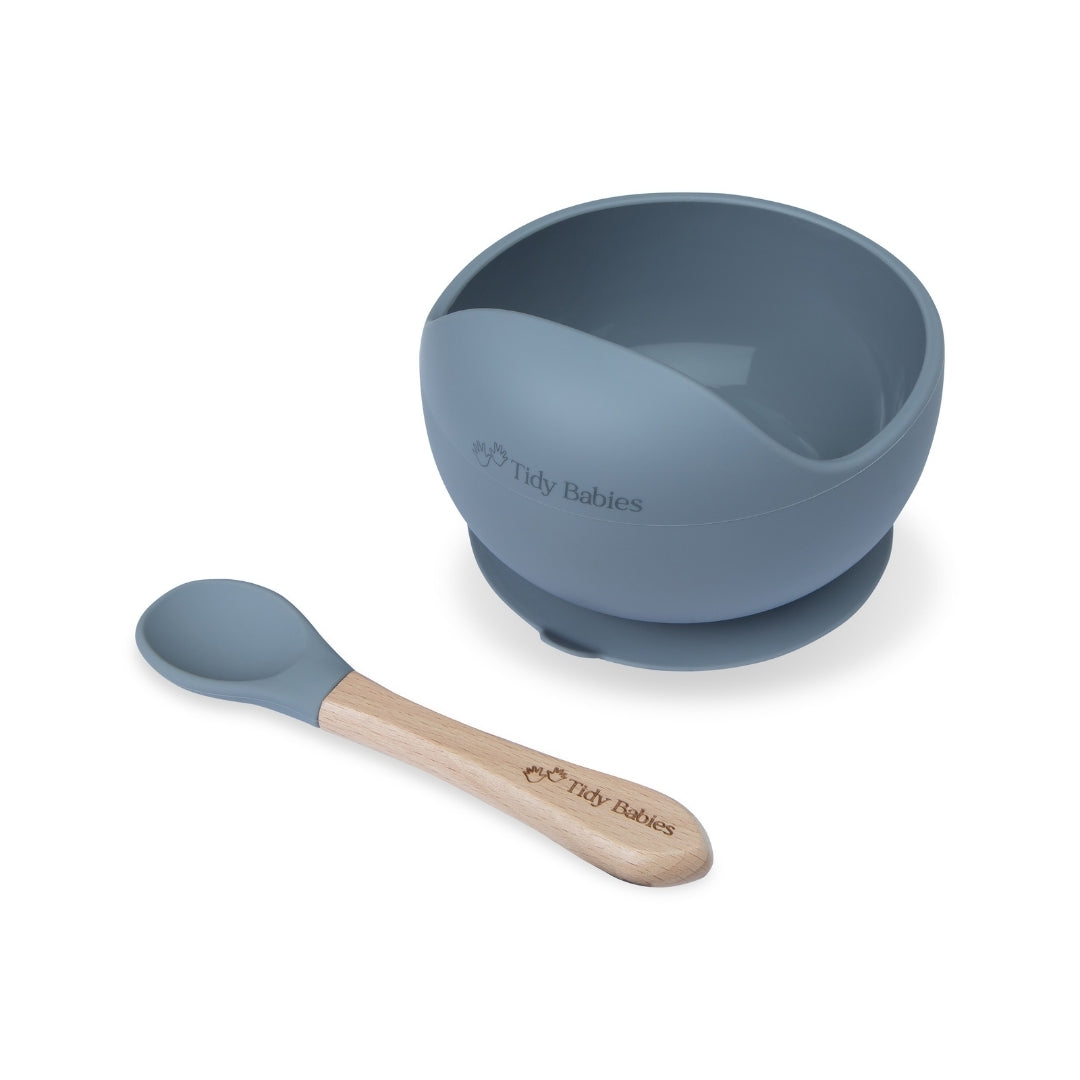 Silicone Suction Base Lip Bowl & Spoon Set - Slate Grey - Silicone Bowls Silicone Suction Mealtime Lip Bowl & Spoon – Bpa-free Baby Feeding