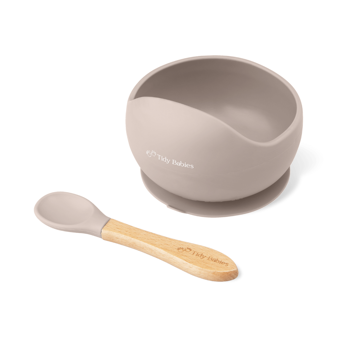 Silicone Suction Base Lip Bowl & Spoon Set Baby Mealtime Feeding Pack - Taupe - Silicone Bowls