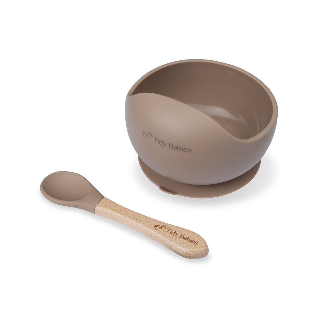Silicone Suction Base Lip Bowl & Spoon Set - Taupe Brown - Silicone Bowls Silicone Suction Mealtime Lip Bowl & Spoon – Bpa-free Baby