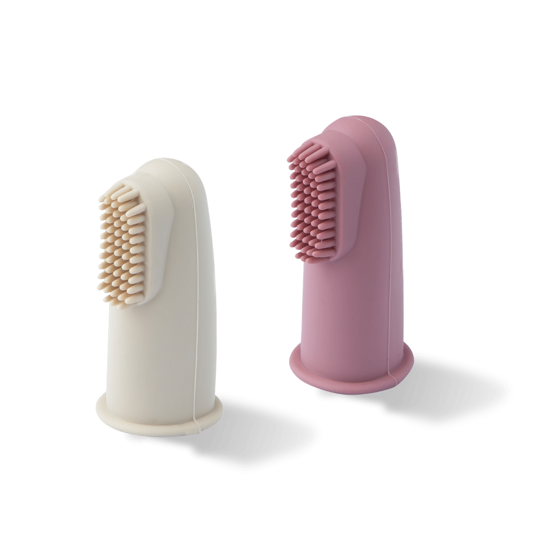 Soft Silicone Finger Toothbrush 2 Colour Pack With Fine Baby Bristles - Sand & Rose - Silicone Tooth Brush