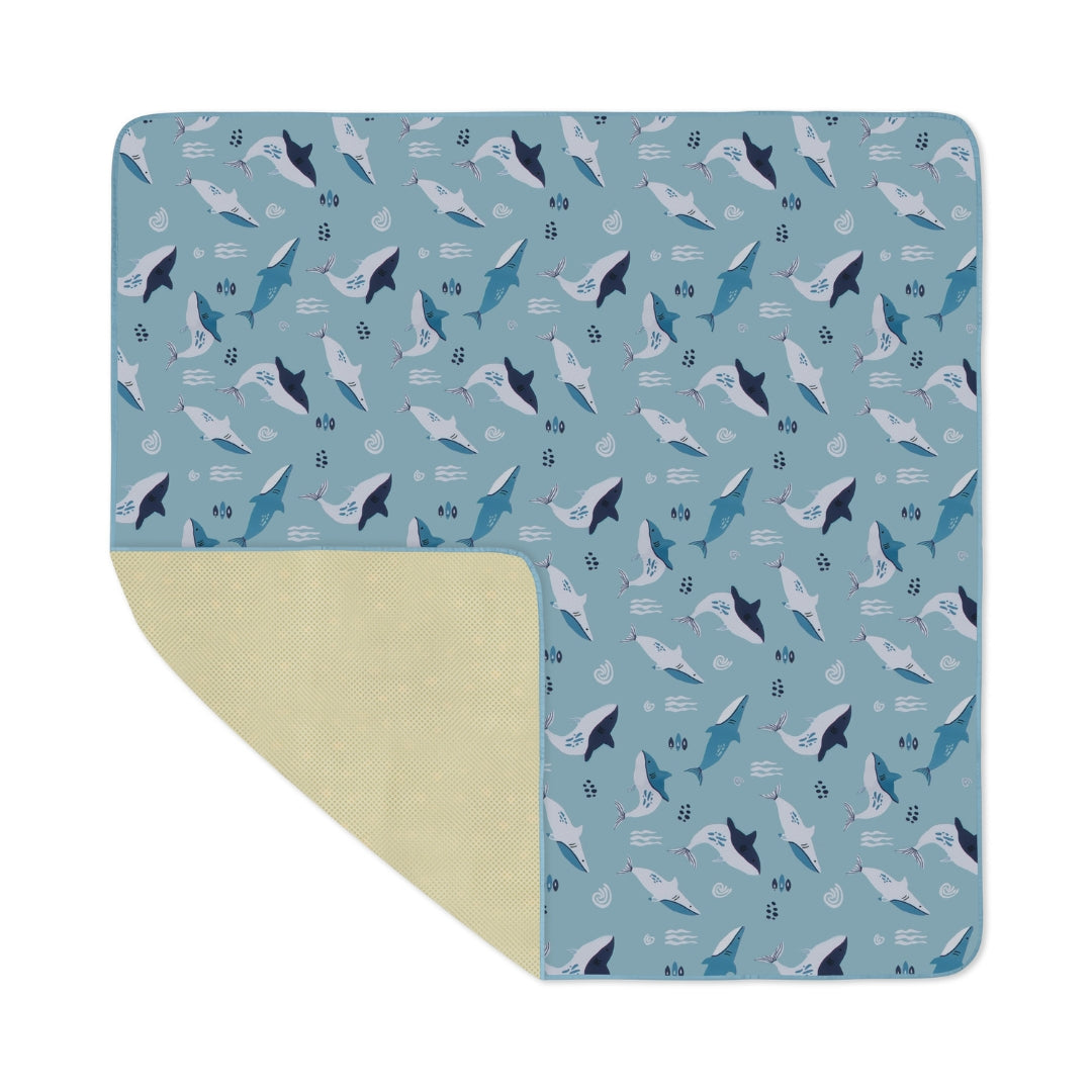 Shark-patterned splat mat water resistant floor cover for easy messy play cleanup