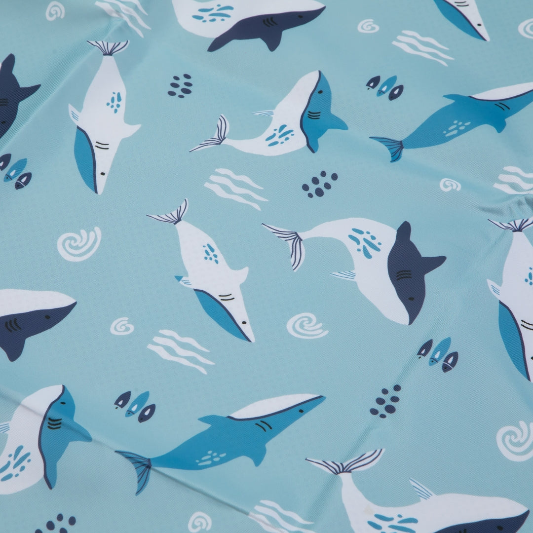 Shark-patterned water resistant Splat Mat floor cover for messy play or art projects