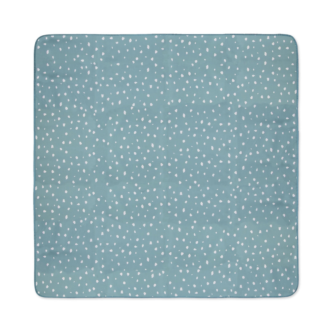 Teal splat mat with white speckles, water resistant floor cover for mess protection