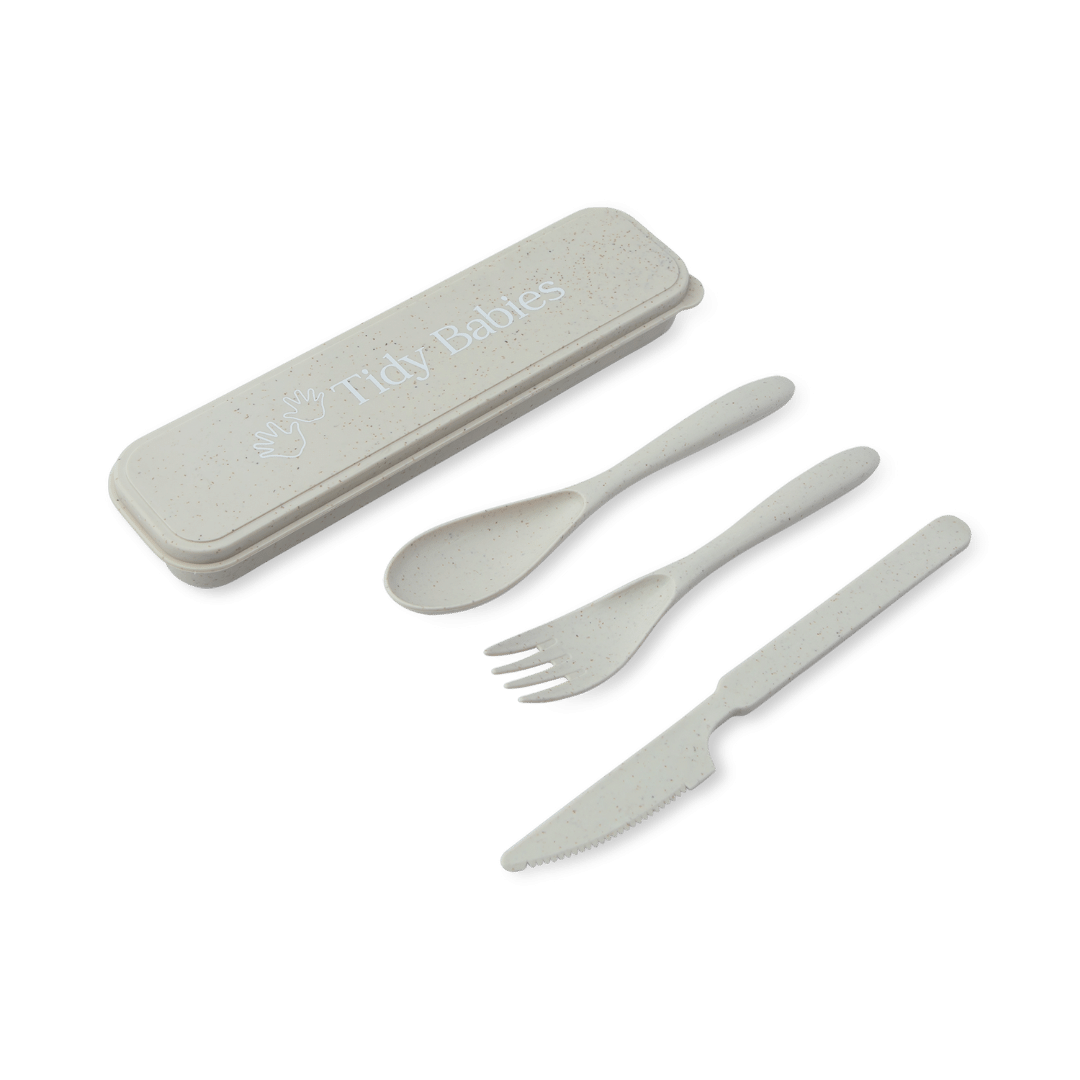 Wheat Straw Fibre Travel Cutlery Set Spoon Fork Knife & Travel Case - Beige - Cutlery
