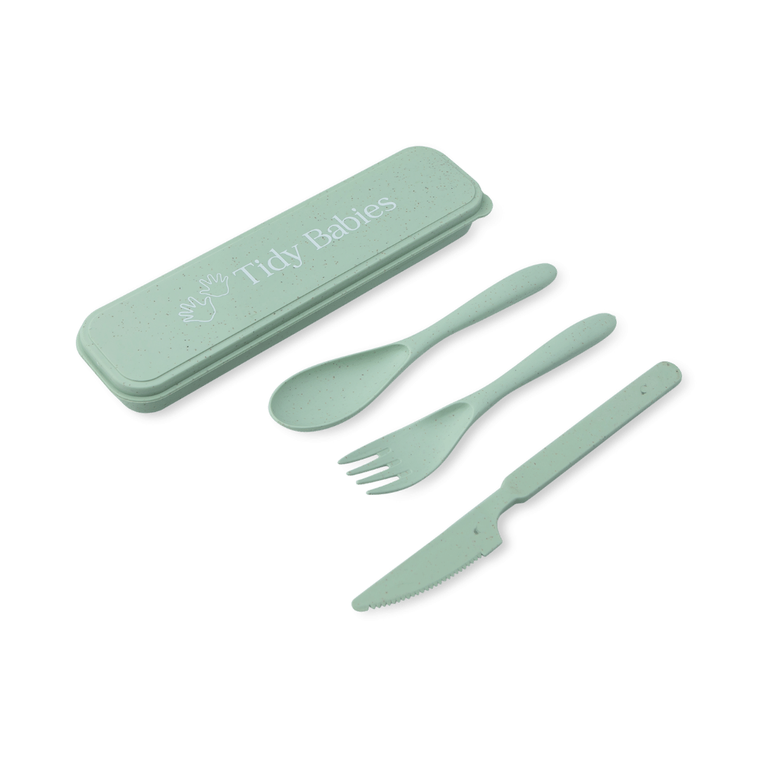 Wheat Straw Fibre Travel Cutlery Set Spoon Fork Knife & Travel Case - Green - Cutlery