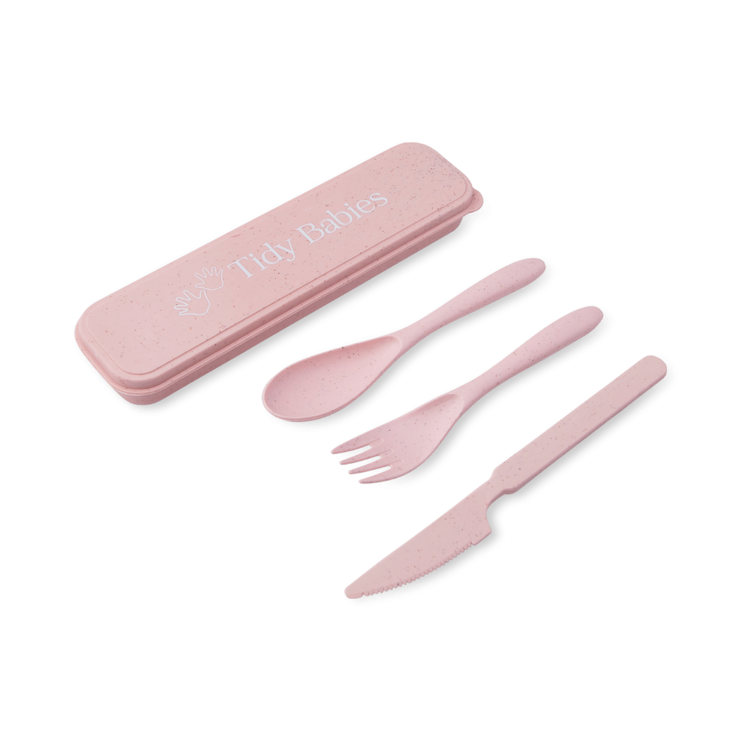 Wheat Straw Fibre Travel Cutlery Set Spoon Fork Knife & Travel Case - Pink - Cutlery